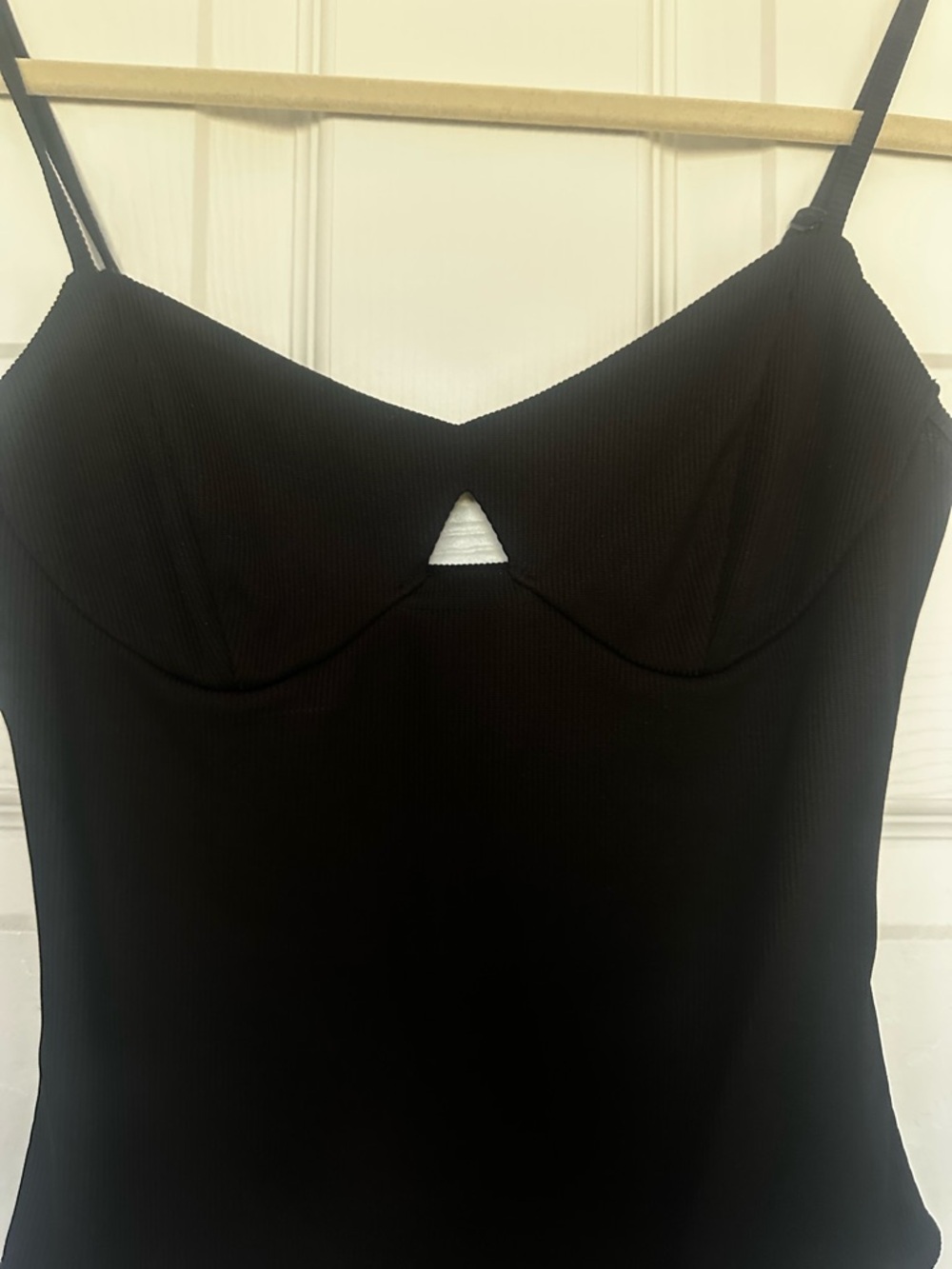 Black Spaghetti Strap Ribbed Bodysuit with Front Cutout FOREVER 21